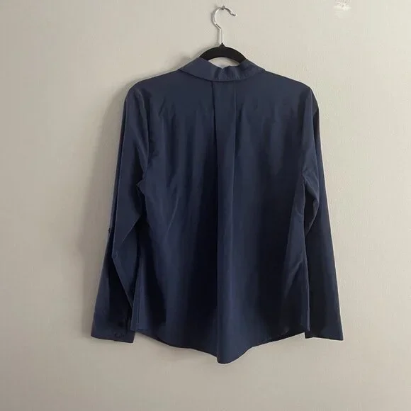 Chicos Women 0/S Blue Roll Tab Sleeves Button Front Silky Soft Relaxed Shirt - Picture 12 of 13